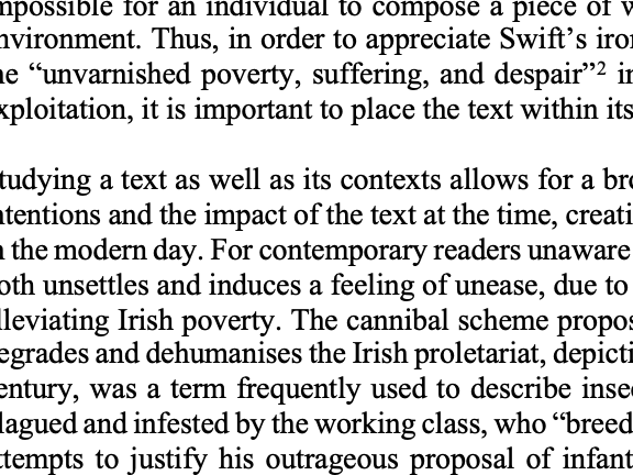 A* Essay, A Modest Proposal, Jonathan Swift, Irish Historical Context