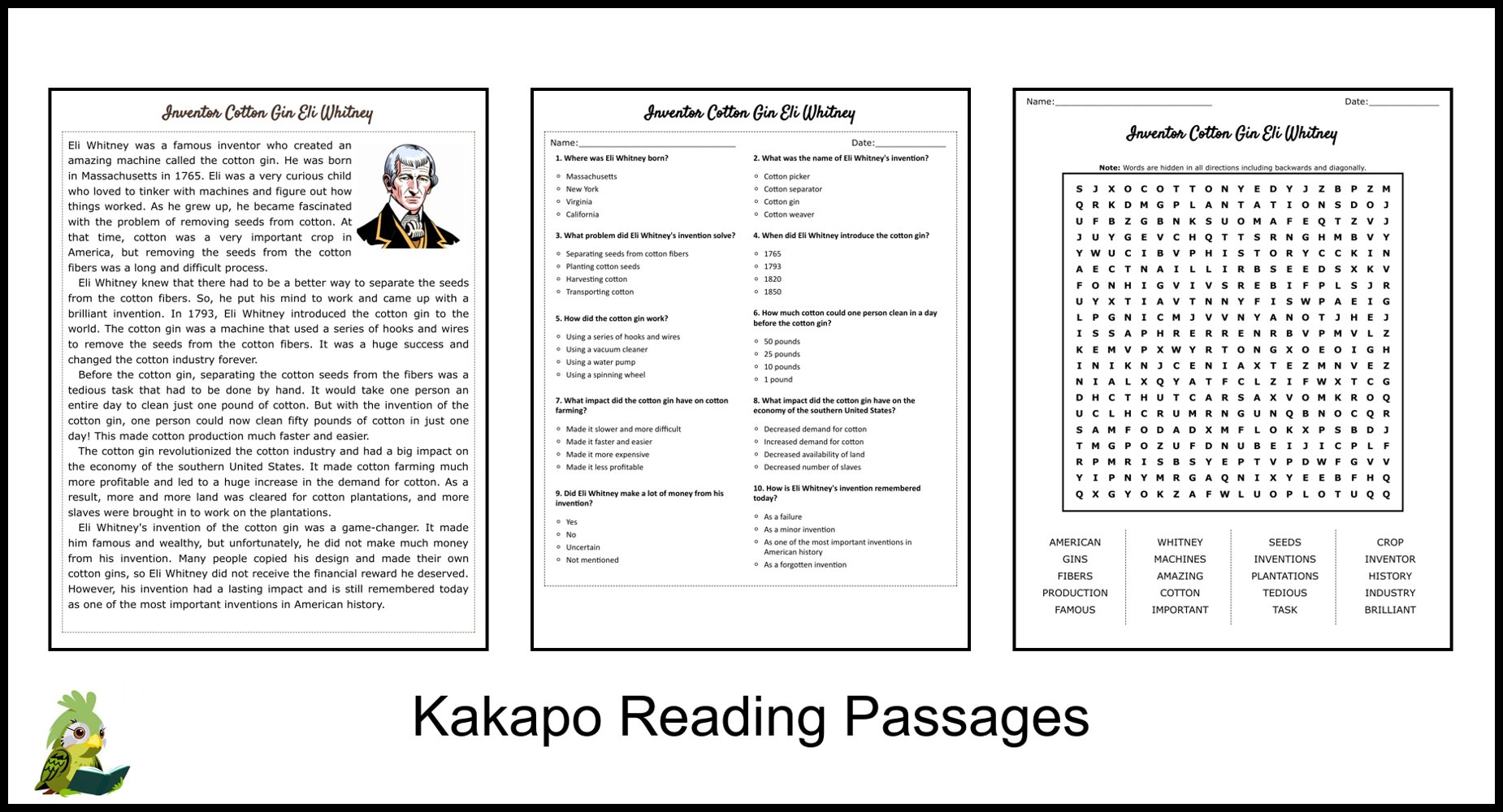 Inventor Cotton Gin Eli Whitney Reading Comprehension and Word Search