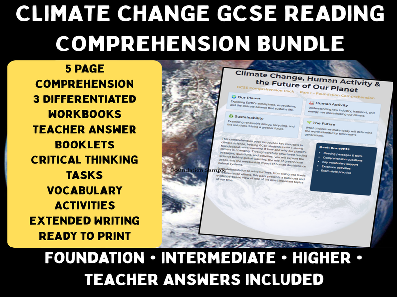 GCSE Climate Change Reading Comprehension Bundle | Foundation, Intermediate & Higher