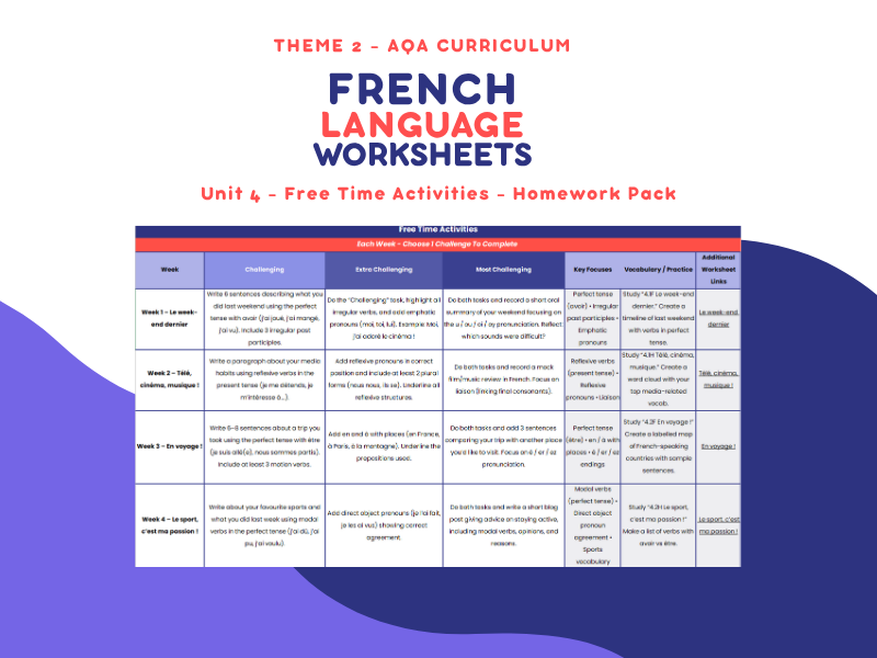 Unit 4 – Free Time Activities – Homework Pack