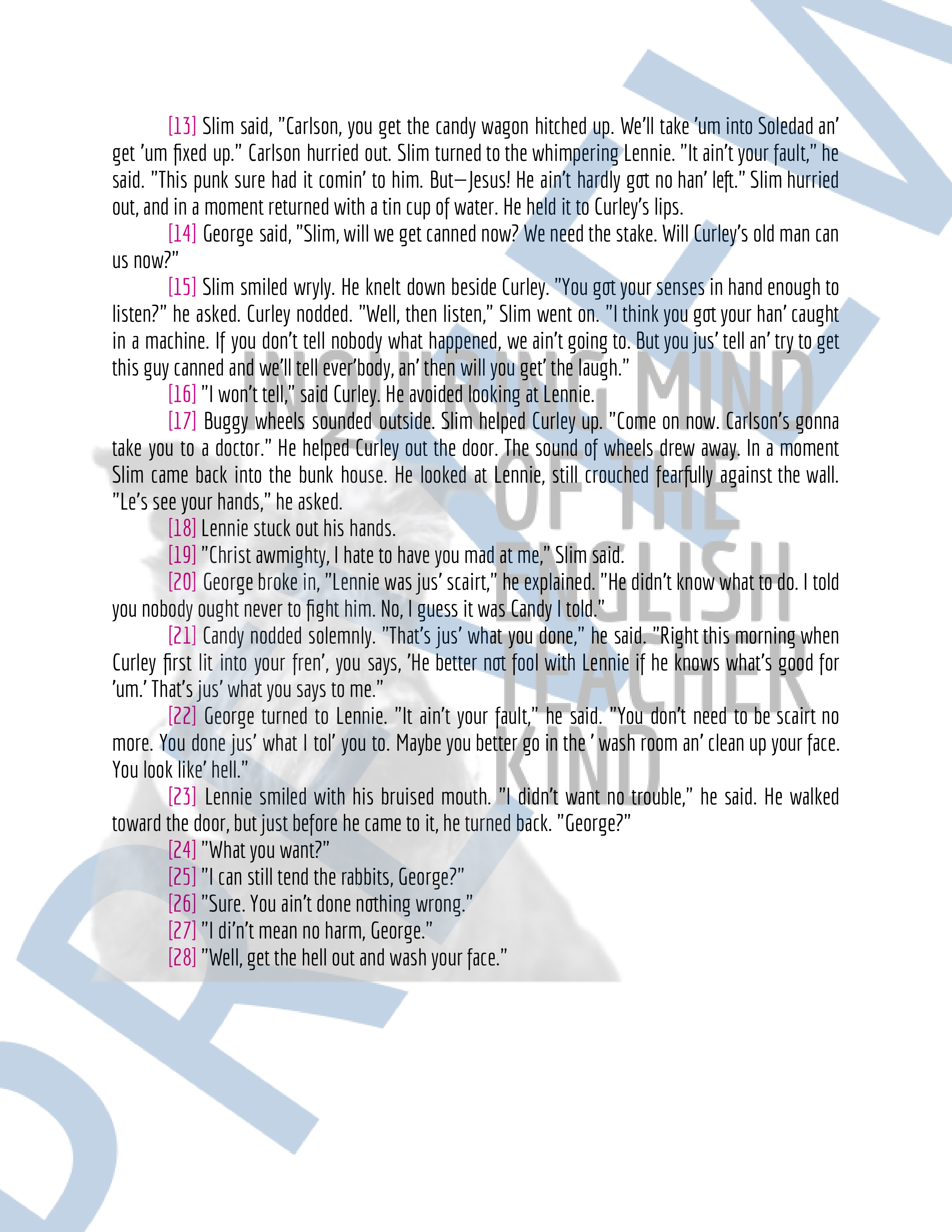 Of Mice and Men Chapter 3 Novel Analysis Worksheet | Close Reading ...
