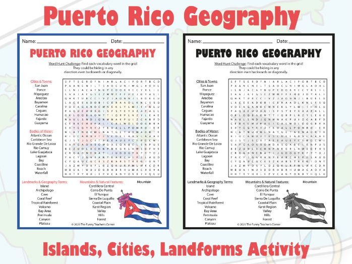 Puerto Rico Geography Word Search Puzzle | Islands, Cities, Landforms Activity