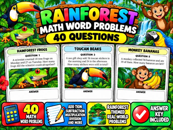 Rainforest Math Word Problems | 40 Questions & Answer Key