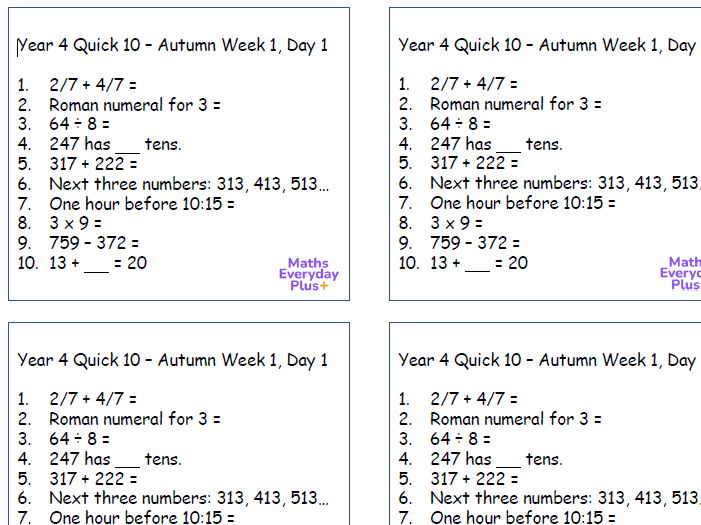 Quick 10 Fluency - Y4 Autumn 1