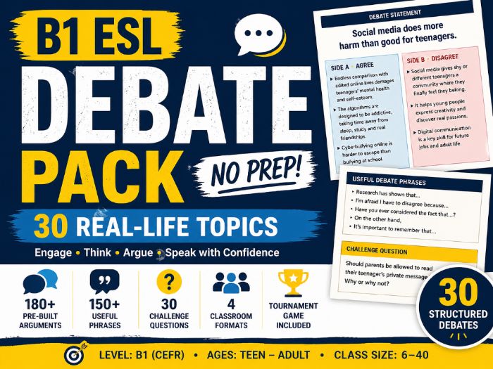 B1 ESL Debate Pack | 30 Topics | No Prep