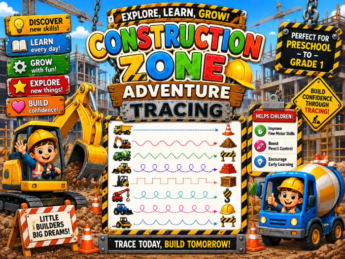 Construction Tracing Worksheets | Fine Motor Skills & Pencil Control Activities | Preschool–Grade 1
