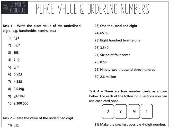 Place Value - Maths GCSE Worksheet