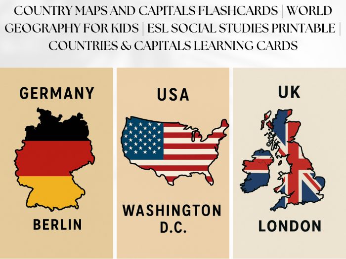 Country Maps and Capitals Flashcards | World Geography for Kids | ESL Social Studies Printable