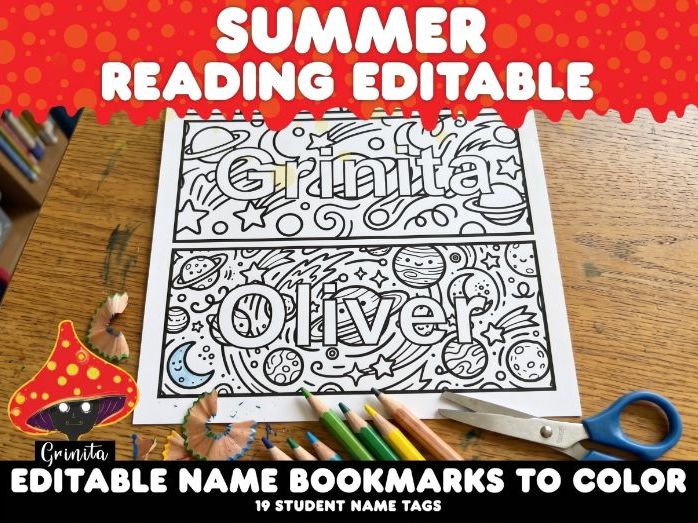 Summer Reading Editable Name Bookmarks to Color | 19 Student Name Tags