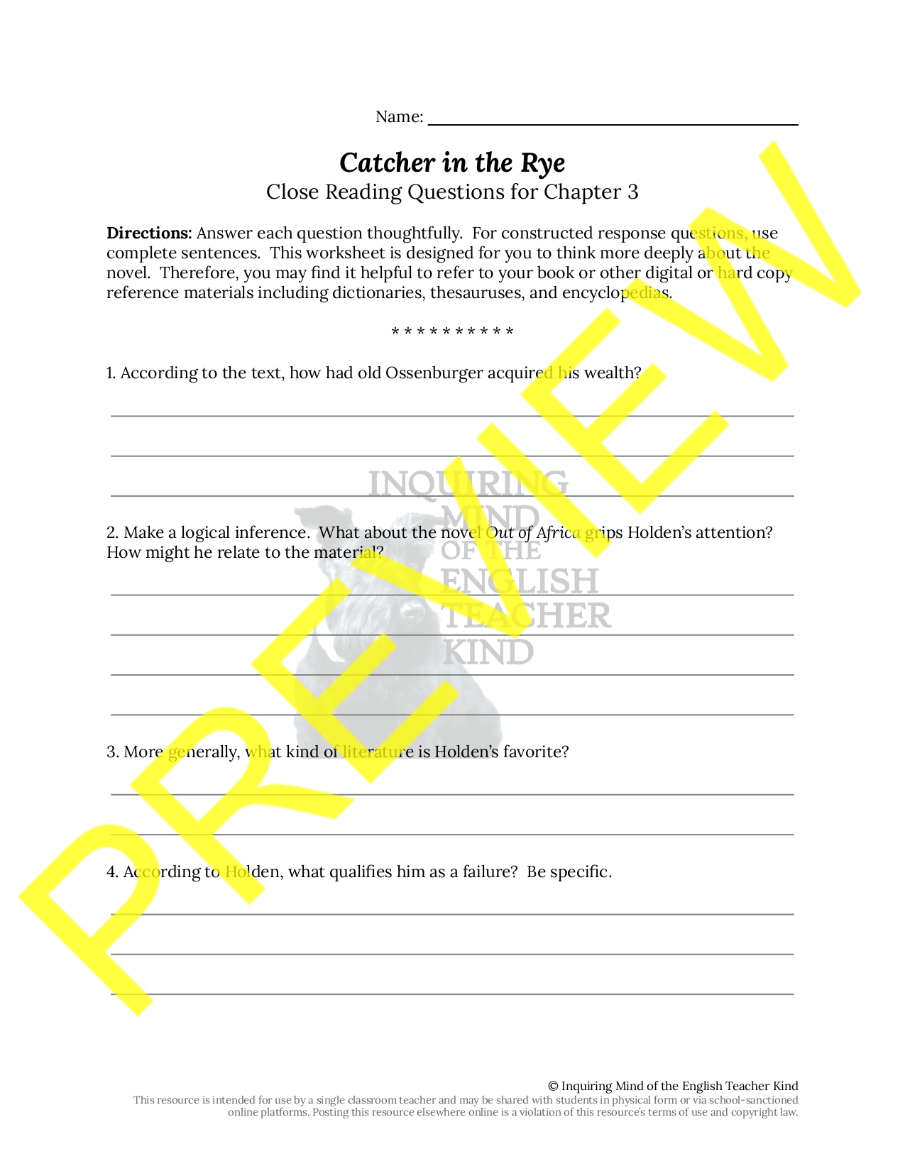 Catcher in the Rye Chapter 3 Close Reading Worksheet Teaching Resources