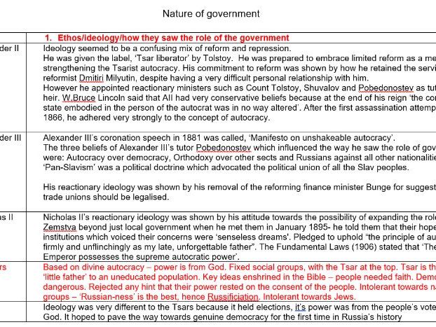 OCR A Level Russia 1855-1964 Thematic notes pack