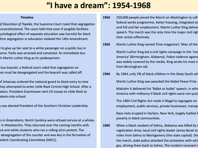 Knowledge organiser - I have a dream (Edexcel International A-level history)