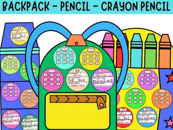 Back to School Math Craft | Place Value & Fact Families | Backpack, Crayon Box, Pencil