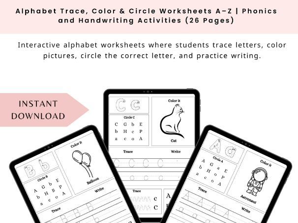 Alphabet Trace, Color & Circle Worksheets A–Z | Phonics and Handwriting Activities (26 Pages)