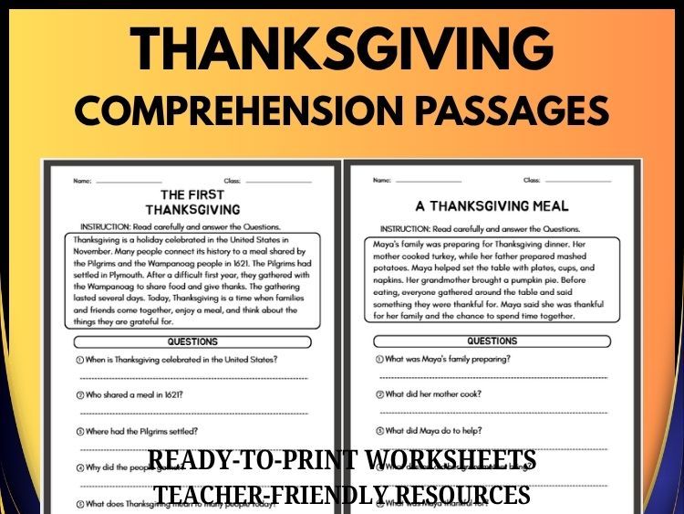 Thanksgiving Reading Comprehension | 20 Passages, 100 Questions & Answers | Grades 2–8