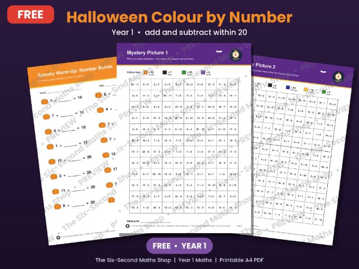 FREE Year 1 Halloween Maths Colour by Number | Addition and Subtraction within 20