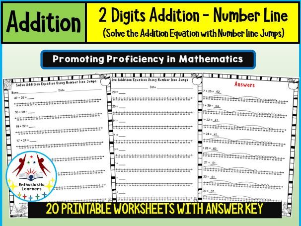 Solve the 2-Digit Addition Equation by Using Number Line Addition Jumps Worksheets Math problems