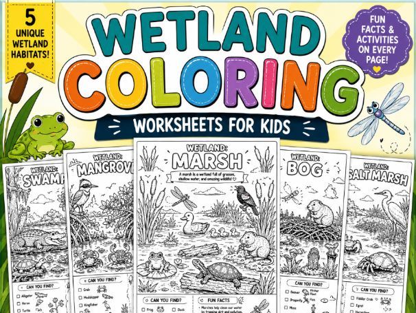 Wetland Coloring Worksheets for Kids |Wetland Habitat Activity Pack | Ages 5-10
