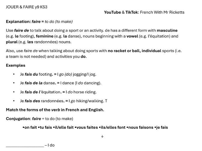 Loisirs 1 Sport worksheets Y9 / KS3