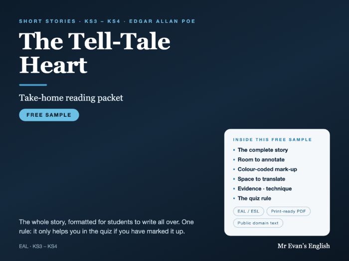 The Tell-Tale Heart | Edgar Allan Poe | Take-Home Reading Packet | KS3 KS4 | FREE