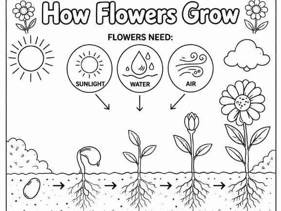 Bundle of 10 How Flowers/Plants Grow Colouring Sheets Elementary Science