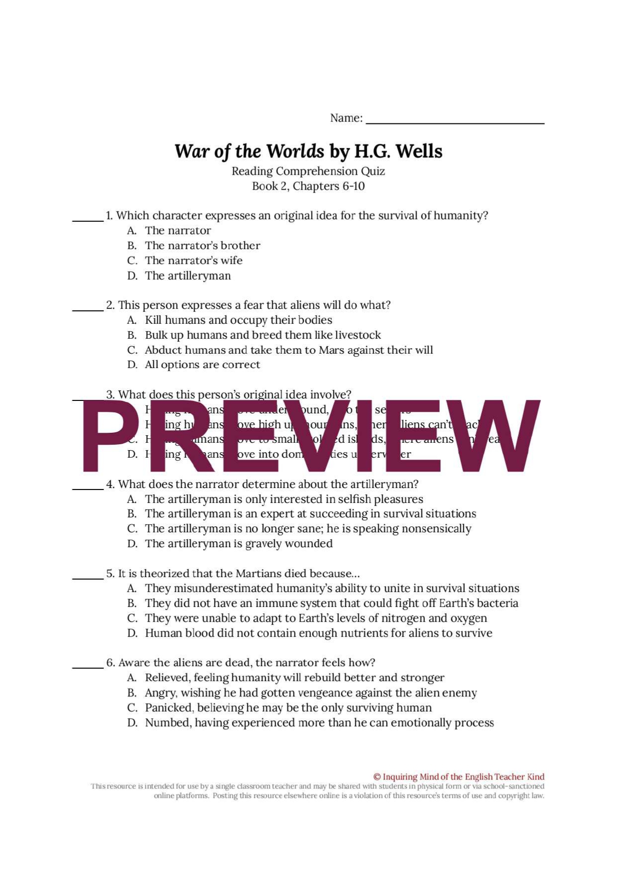 War Of The Worlds By H G Wells Quiz On Book 2 Chs 6 10 Teaching Resources