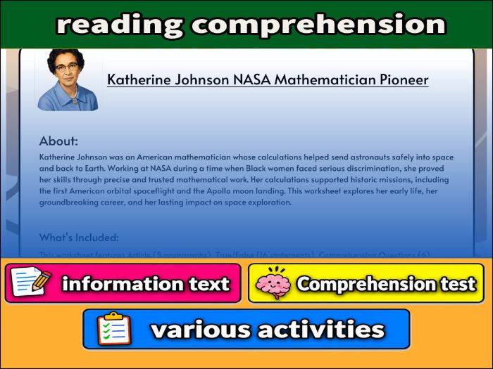 Katherine Johnson NASA Mathematician Pioneer- Reading Comprehension, study guide & Activities