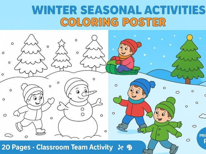 Winter Seasonal Activities Collaborative Coloring Poster – 20-Page Team Art Project | Winter Clas