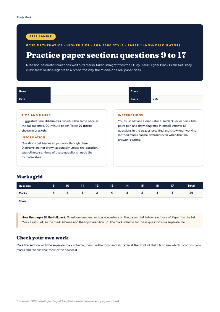 FREE GCSE Maths Higher Sample: AQA-style Paper 1 section (9 questions ...