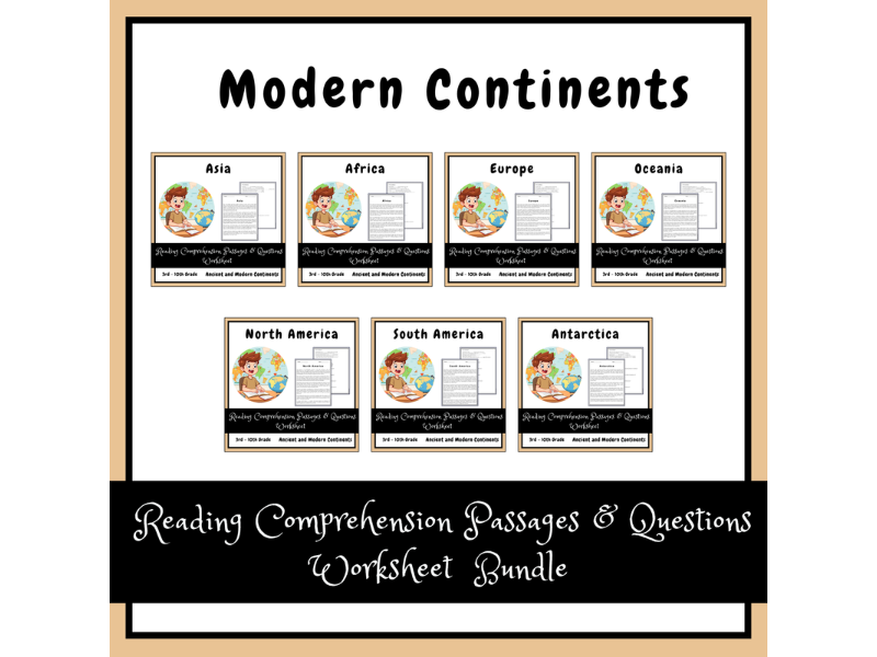Modern Continents Reading Comprehension Passages & Questions Worksheets ...