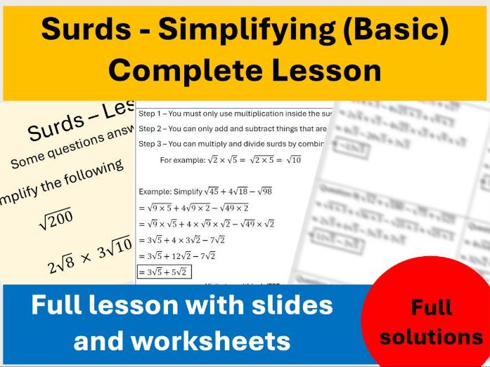 Simplifying Surds – Lesson 1 PowerPoint & Worksheets with Worked Solutions