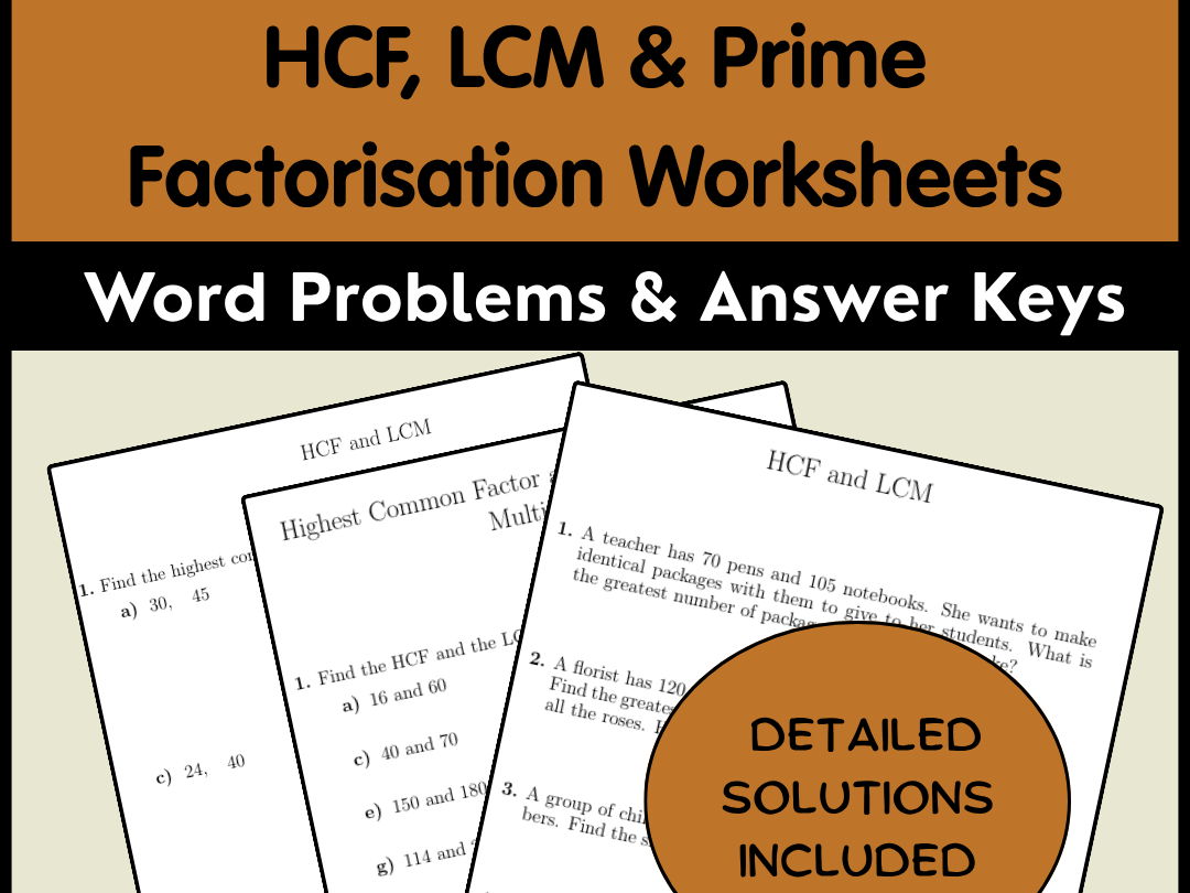 HCF, LCM & Prime Factorisation Worksheets | Word Problems & Answer Keys