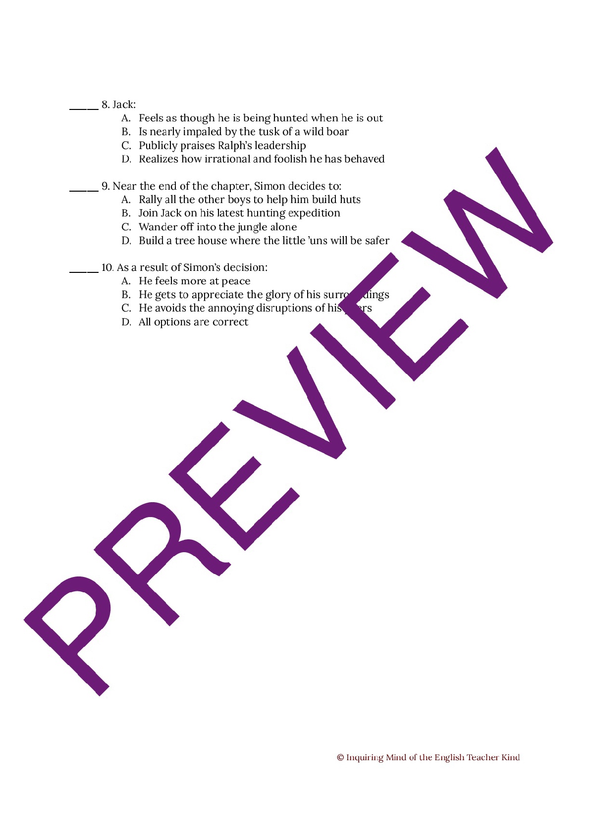 Lord of the Flies Chapter 3 Quiz Teaching Resources