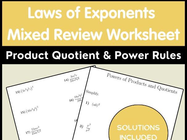 Laws of Exponents Mixed Review Worksheet | Product Quotient & Power Rules
