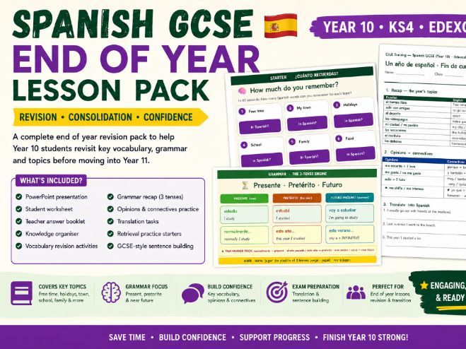 Spanish GCSE End of Year Lesson Pack | KS4 Revision Activities | Year 10 Spanish | Knowledge
