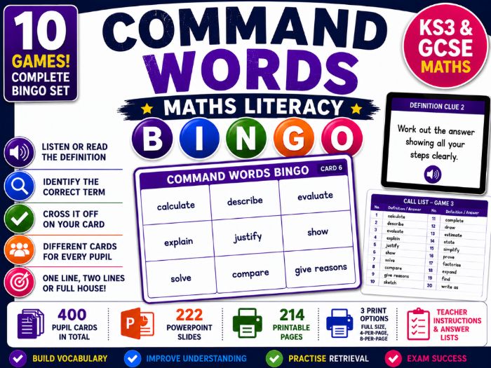 Maths Command Words Literacy Bingo | KS3 & GCSE Exam Vocabulary | 10 Games