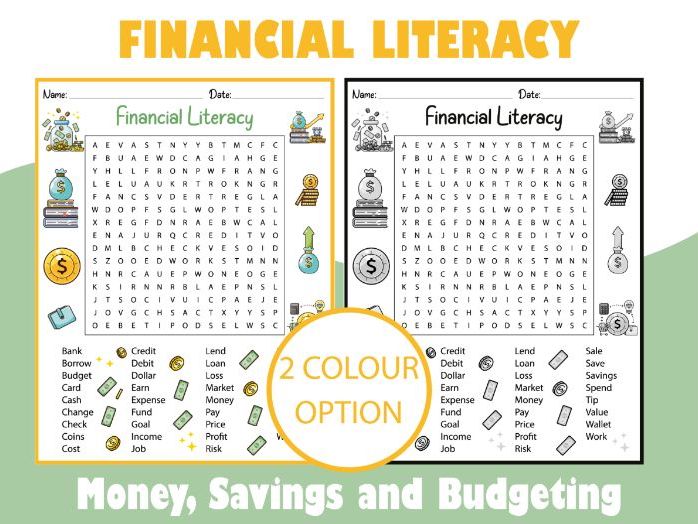 Financial Literacy Word Search Puzzle for Students- Money, Savings and Budgeting