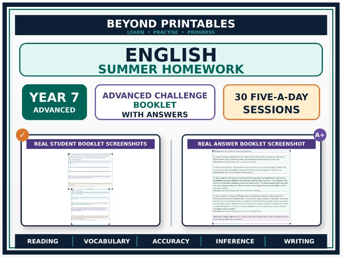 nglish Summer Homework Booklet Year 7 – Advanced Challenge | 30 Five-a-Day Sessions with Answers