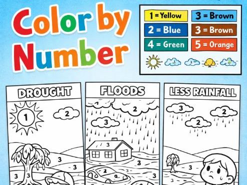 Water Cycle Changes Color by Number Worksheets | Drought,Floods & Less Rainfall (K-Grade 3)