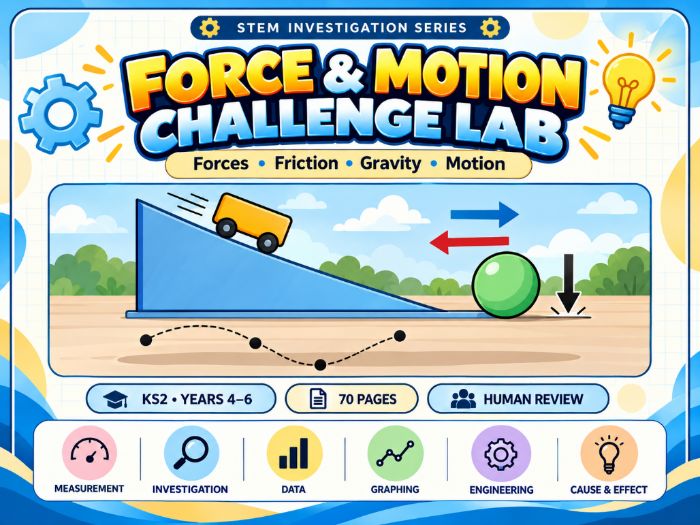 Force & Motion Challenge Lab | KS2 Forces Science Investigations | 70 Pages