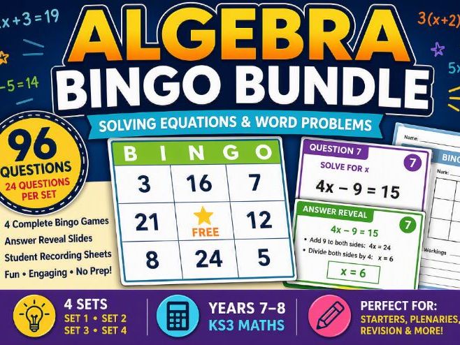 Algebra Equations & Word Problems Bingo Bundle | 96 Questions | Years 7–8