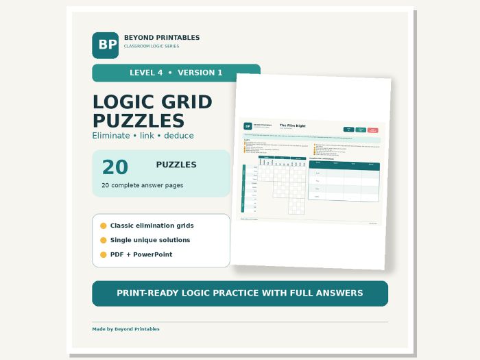 Logic Grid Puzzles Level 4: Four-Category Links | Version 1, 20 Puzzles