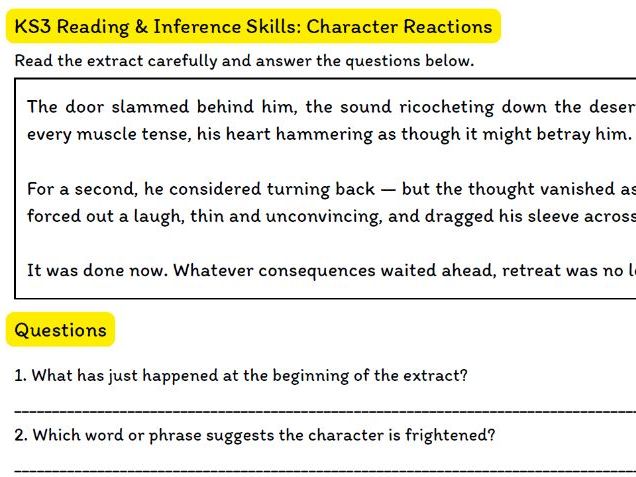 KS3 Reading & Inference – Short Extracts & Skills: Character Reactions