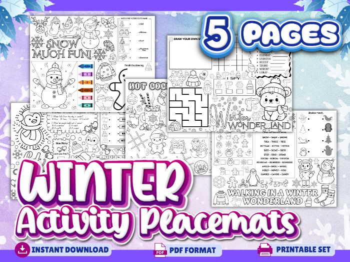 Winter Activity Placemats for Kids – Puzzles, Word Games, Coloring & Classroom Fun | Grades 1–4