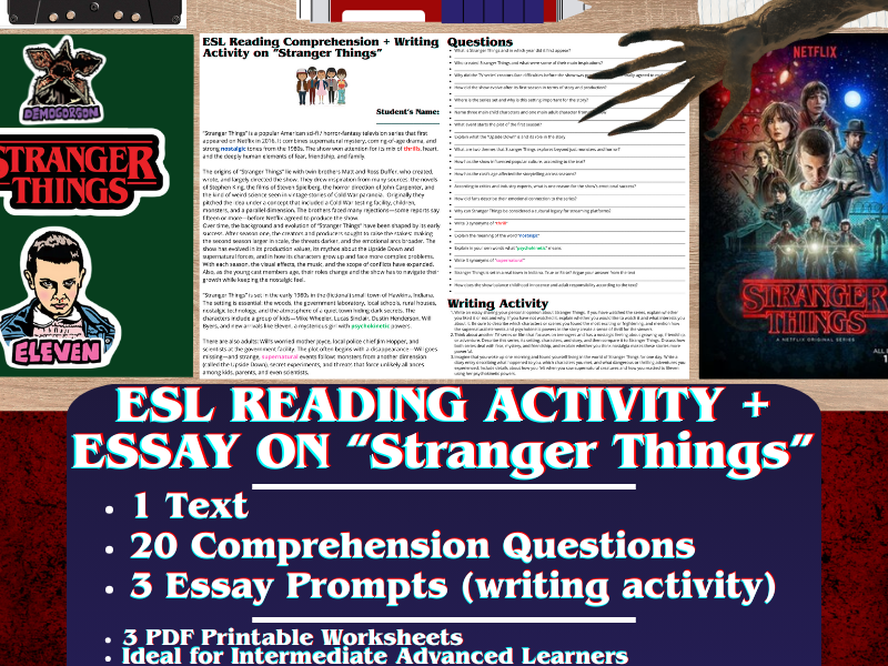ESL Reading Comprehension + Writing Activity Worksheets on "Stranger Things"
