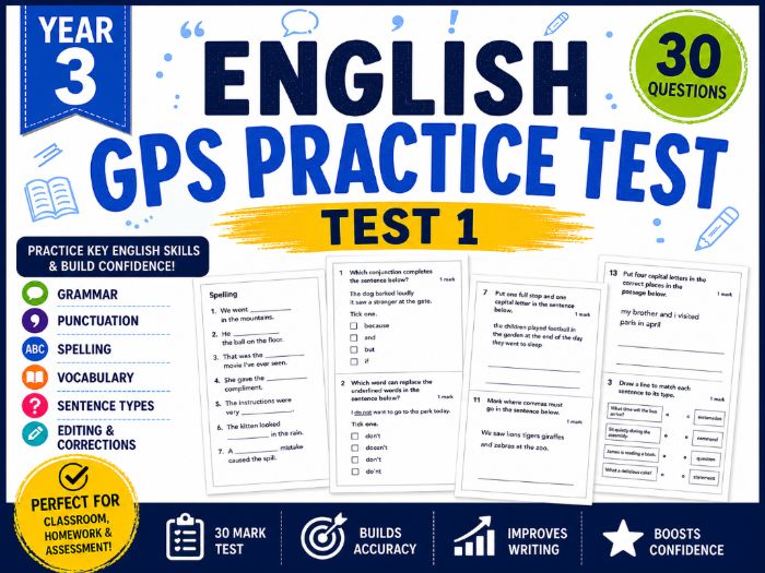 Year 3 SPaG (GPS) Practice Test 1 – Printable Assessment with Answers