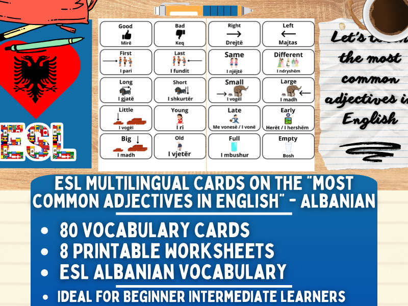 ESL Multilingual Vocabulary Flashcards - Most Common Adjectives - Albanian