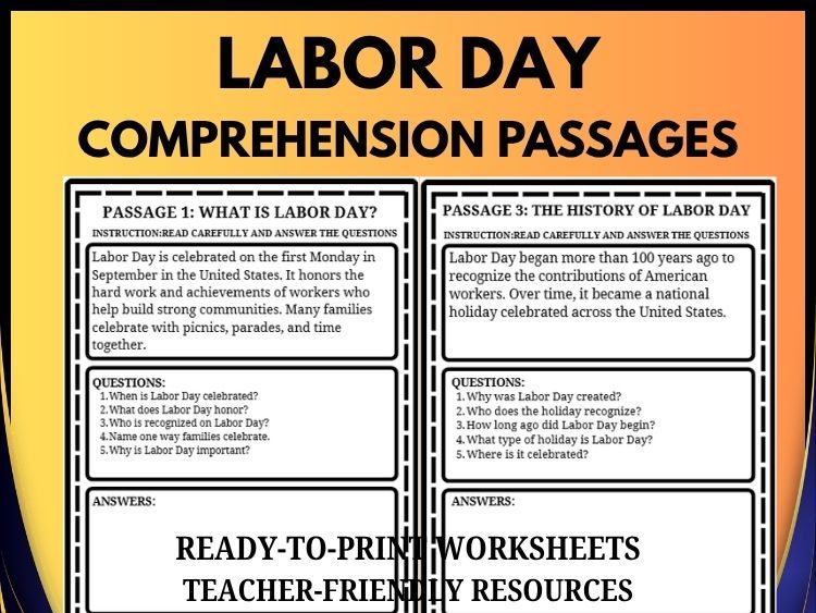 Labor Day Reading Comprehension | 20 Passages, Questions & Answers | Grades 2–8