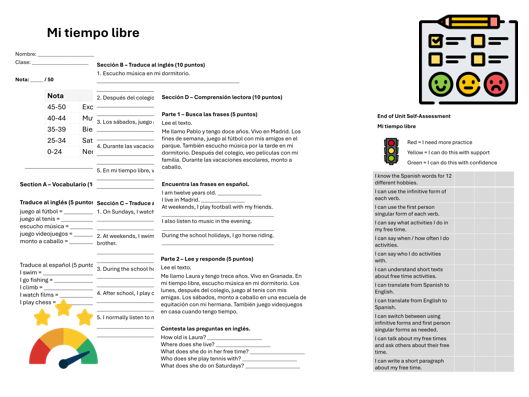 Free time Hobbies & Timeframes (Spanish) – Assessment, Mark Scheme & Self Assessment