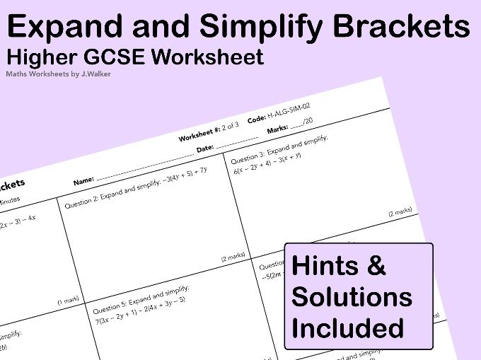 GCSE Maths Worksheet: Expand and Simplify Brackets - Higher Tier